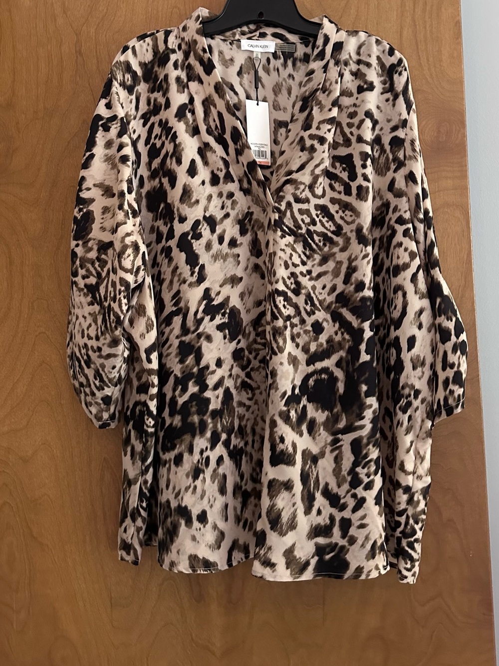 Calvin Klein Beige and Black Leopard Print V-Neck Blouse